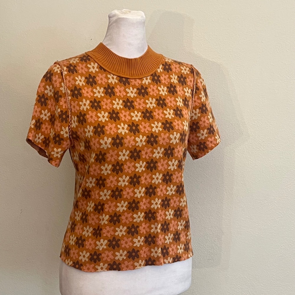 Intimately Free People Orange Floral Knit Mock Neck Short Sleeve Sweater Top M